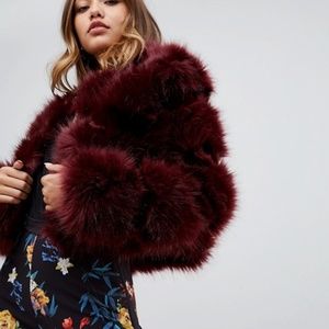 new asos pretty little things red fur crop coat 10
